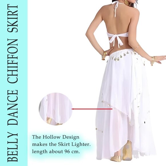 Women's White Imported Chiffon Belly Dance Costume Indian Dance Skirt with Coins - Picture 3 of 7